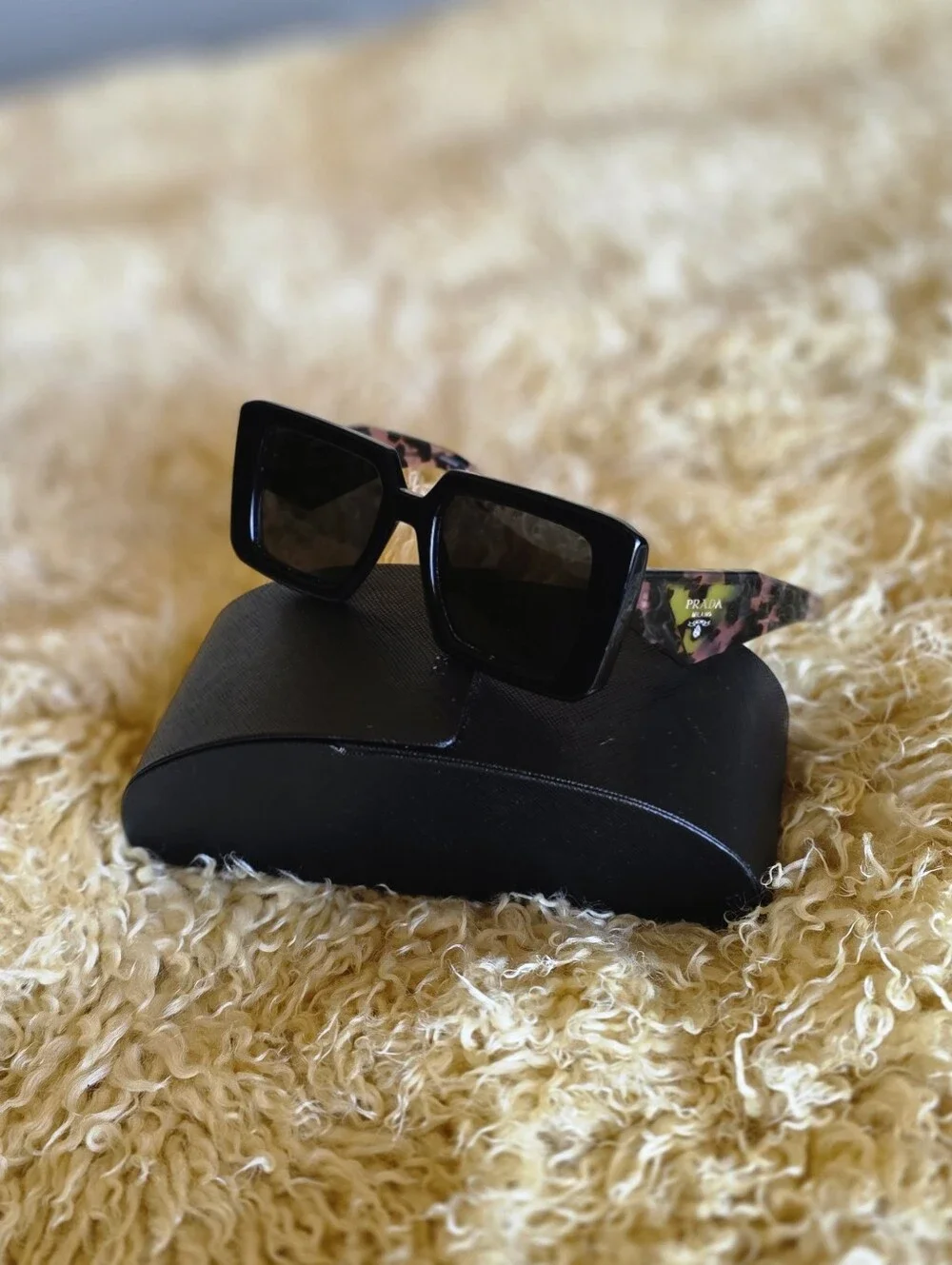 Black Prada Oversized Square Black Tortoise Shell Sunglasses With Matching Case